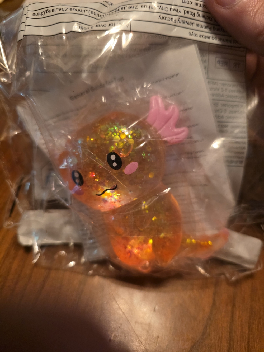 Glitter Orange Green Pink Axolotl Squeeze Toy with Pink Fins
